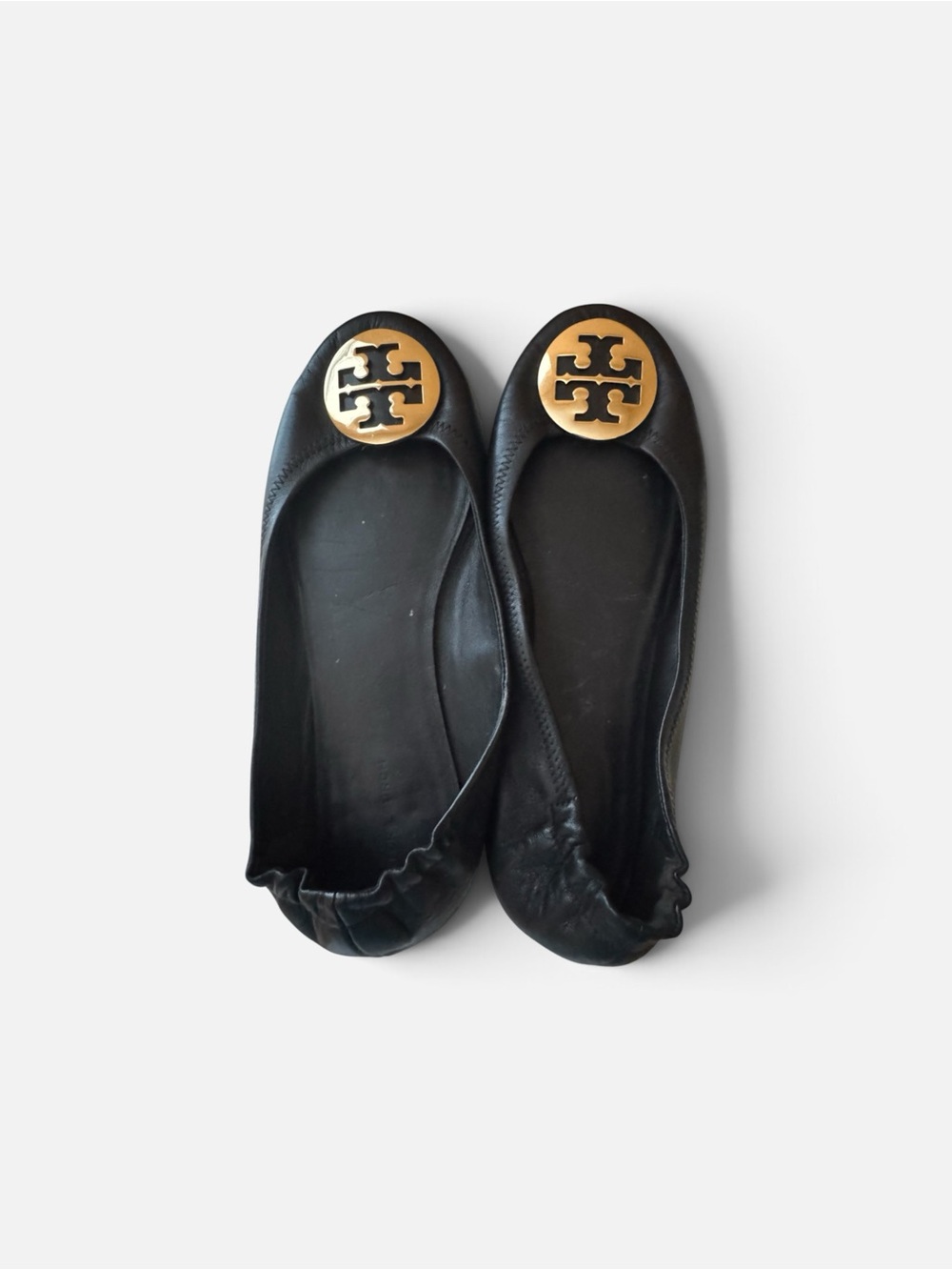Tory Burch Black Leather Ballet Flats with Gold Logo Medallion